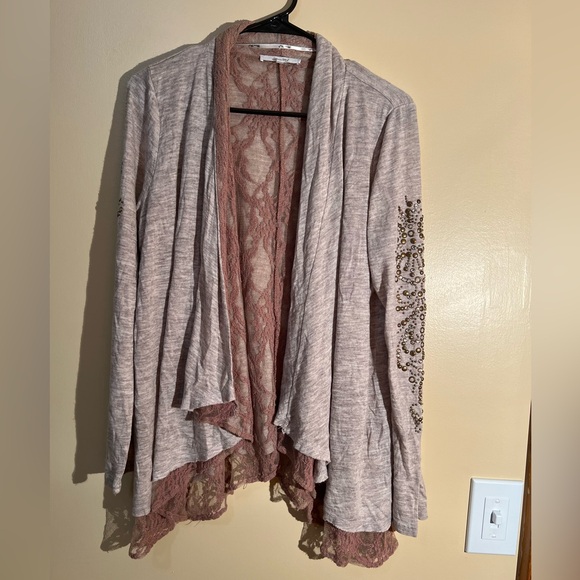 Miss Me Sweaters - Women’s Miss Me Brown Beaded Lace Long Sleeve Open Cardigan Size Small